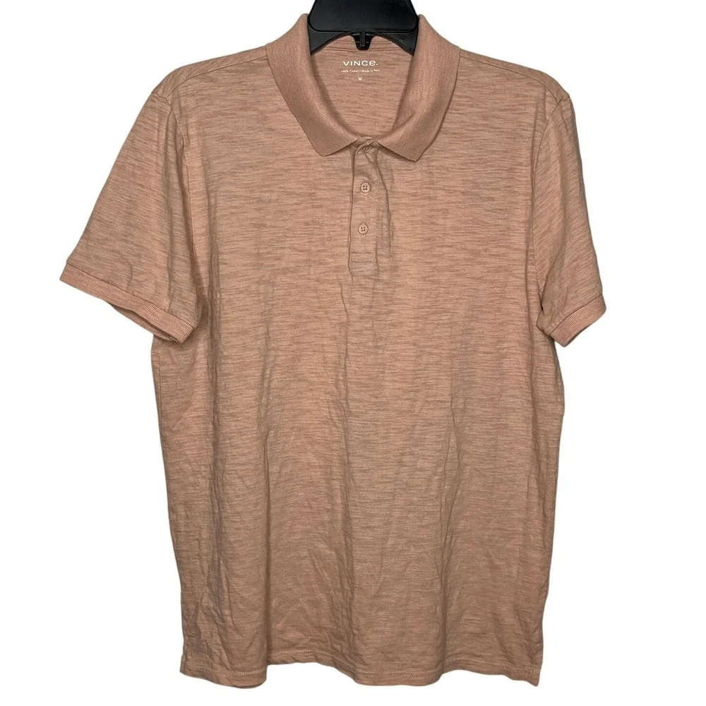 Vince Mens Slub Cotton Polo Shirt Peach Pink Medium Minimalist‎ Luxe